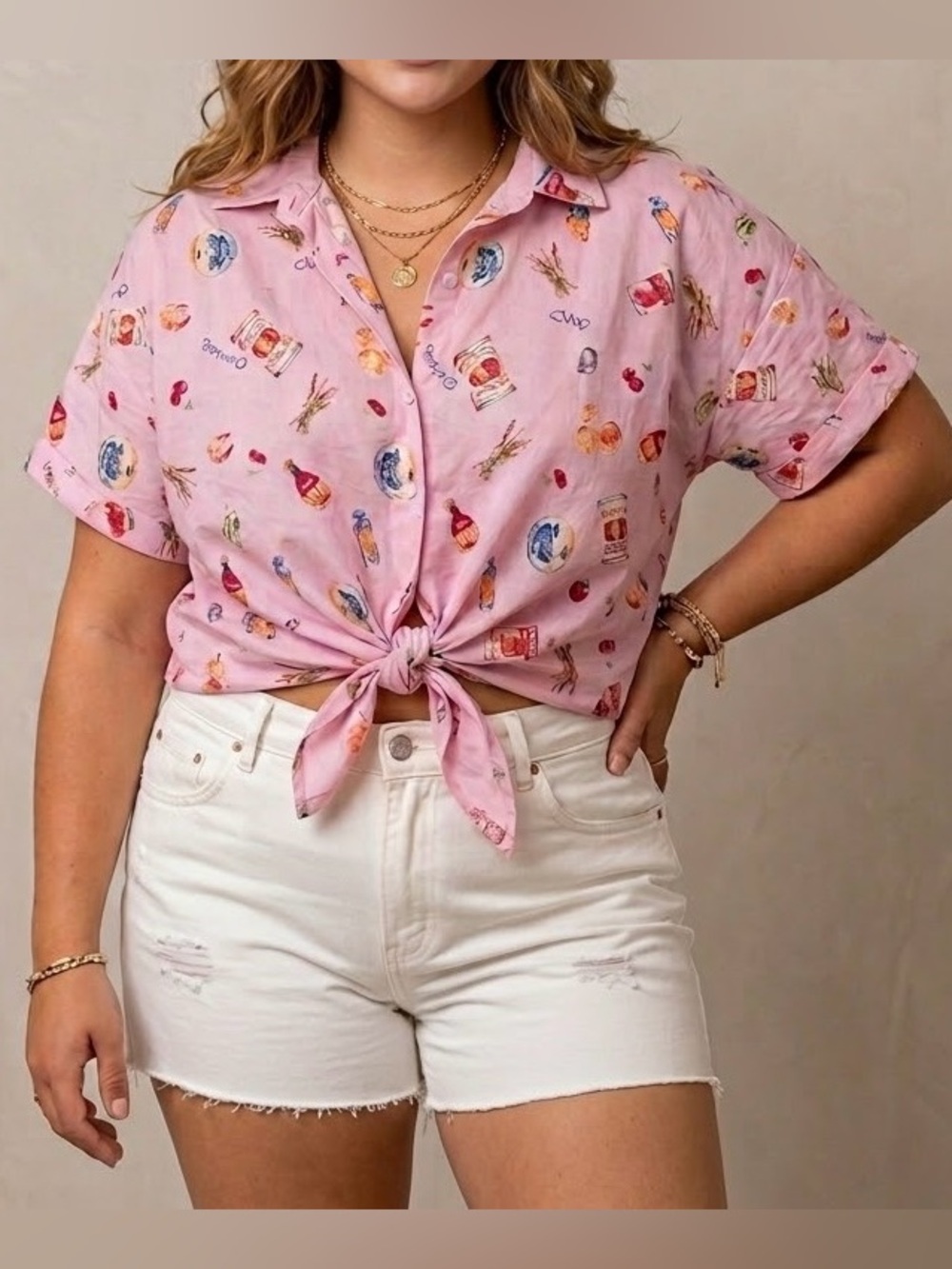 🍋 Haver & Blair London Pink Novelty Food Print Tie Front Shirt Top Womens XL